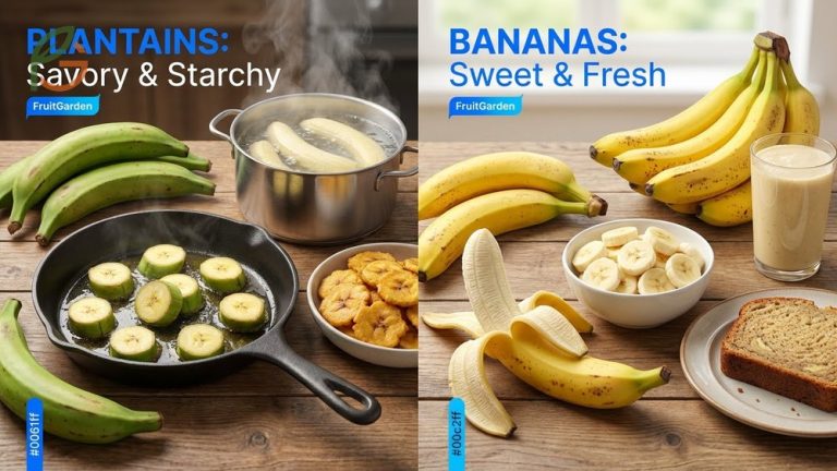 Plantains vs bananas comparison showing 32g carbohydrates in plantains versus 23g in bananas for cooking needs.
