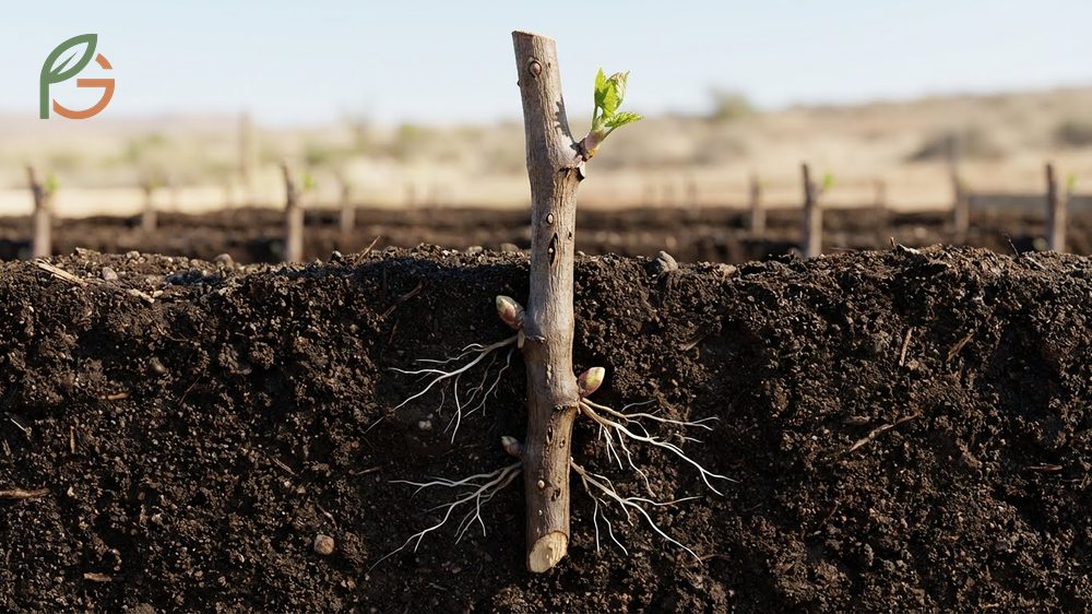 Grape vine cutting propagation technique showing the correct planting depth with three buds buried and one bud exposed.