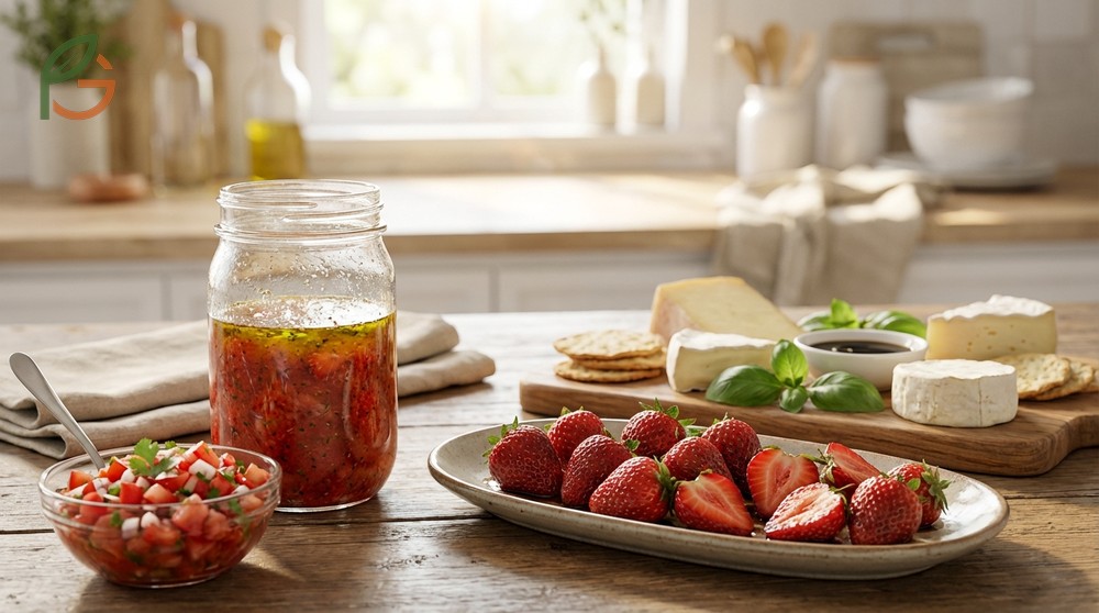 A summer salad featuring strawberry vinaigrette made from overripe fruit to balance sweet and acidic flavors.