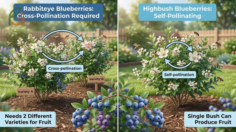 Visual comparison of fruit yield and size between a self-pollinated bush and a cross-pollinated blueberry bush.