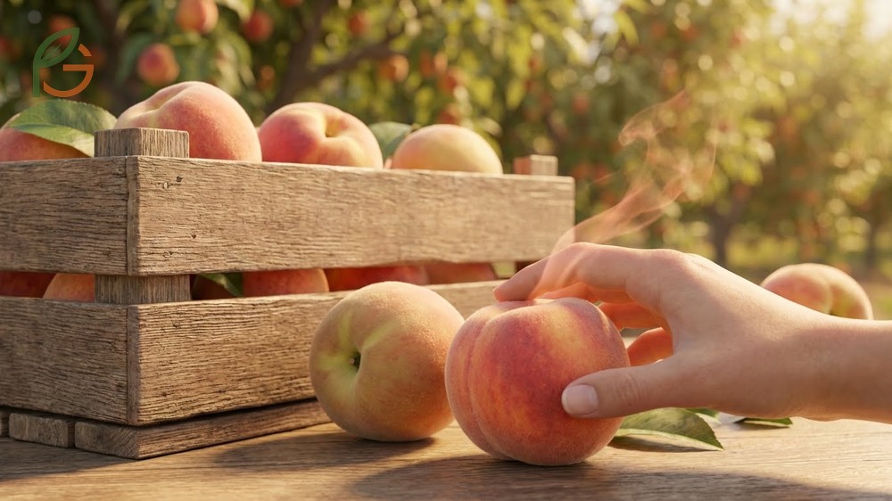 Signs of ripe peaches include a sweet floral aroma and a slight yield to gentle pressure near the stem.