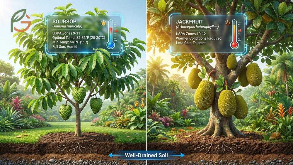 Growing conditions for soursop requiring zones 9-11 while jackfruit needs 25-40 feet spacing for its spreading canopy.