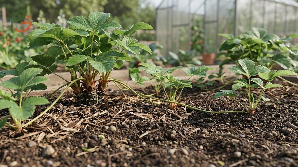 Strawberry plants emerging from dormancy in spring as the crown sends up new leaves and flower buds.