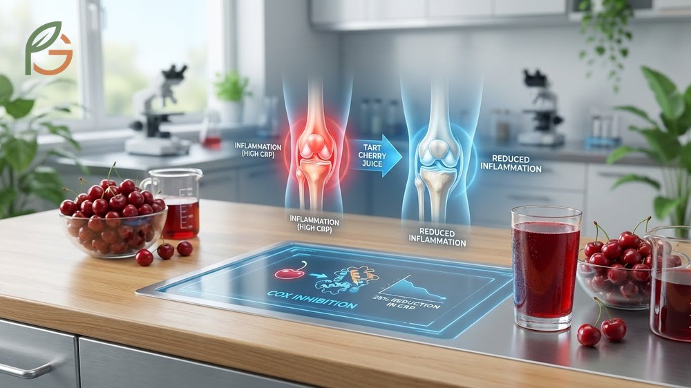 Tart cherry juice for inflammation mechanism explaining how it inhibits COX enzymes similar to non-steroidal anti-inflammatory drugs.