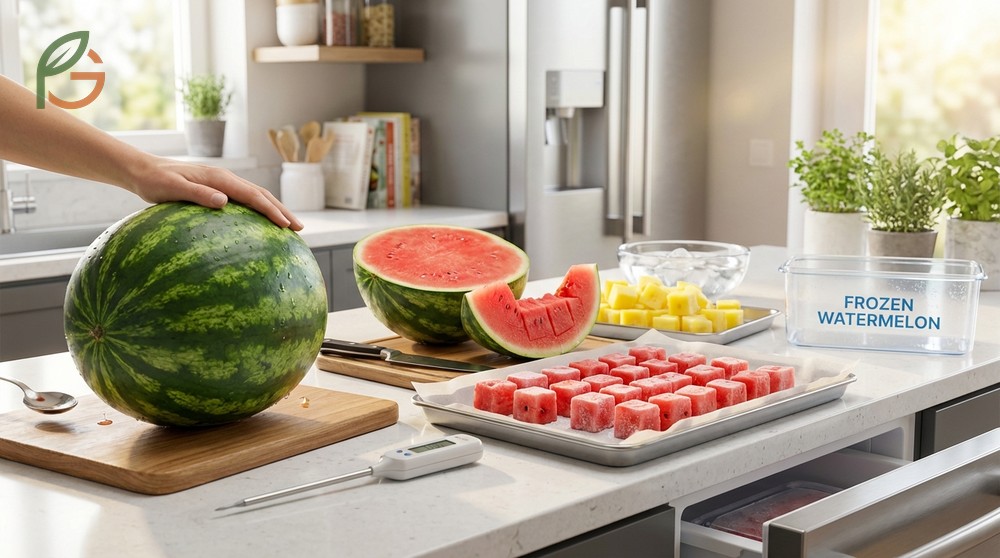 Watermelon freezing method works best with ripe fruit and includes options for balls or purees in ice cube trays.