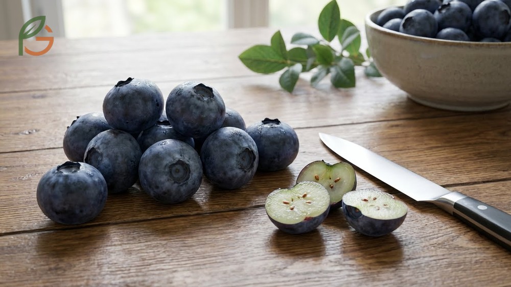What color are blueberries details showing dark blue exterior caused by anthocyanin antioxidants and 25 different pigment types.