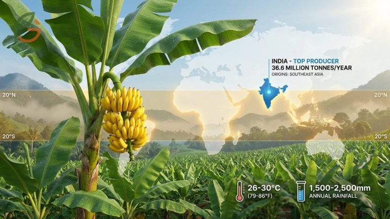 Where do bananas grow map highlights tropical regions between latitudes 20 degrees North and South.