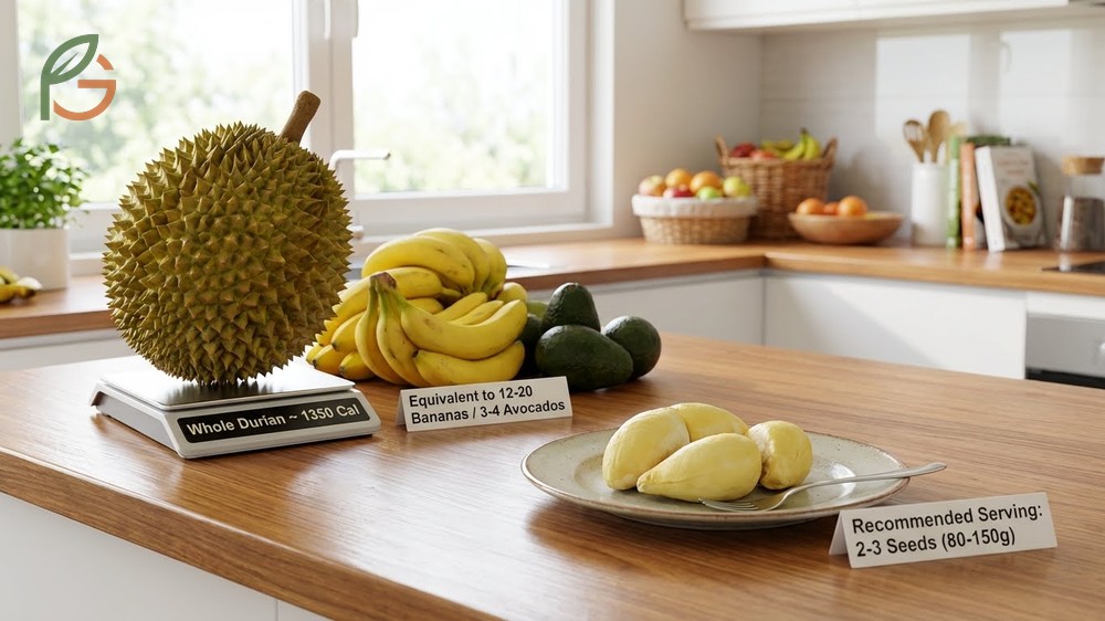 Whole durian calories comparison for varieties like Musang King and Monthong ranging from 900 to 3000 calories.
