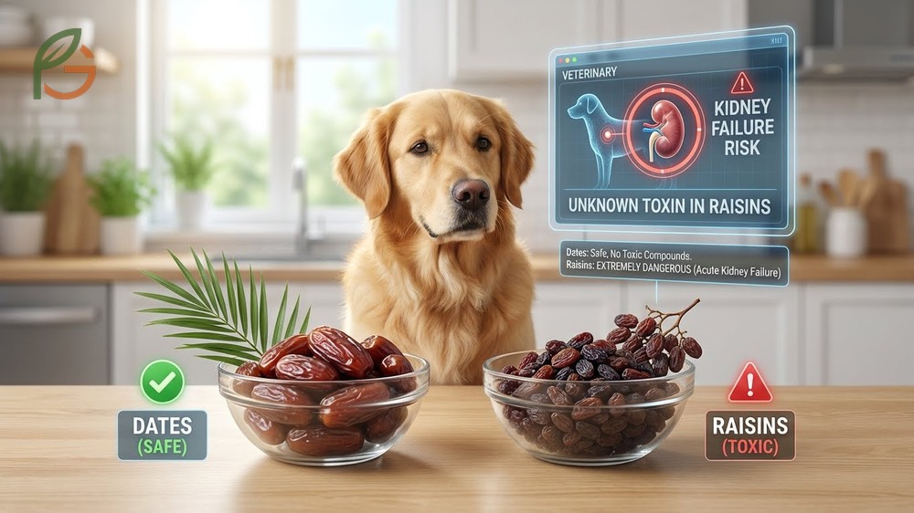 Why can dogs eat dates but not raisins explained by the toxic nature of grapes versus the safe composition of date palm fruit.