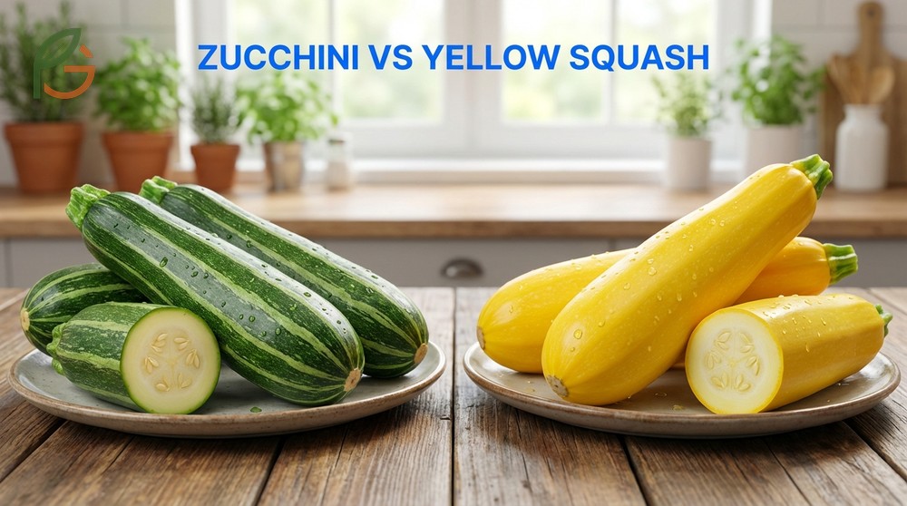 Zucchini vs yellow squash visual guide distinguishing deep green zucchini from bright yellow curved squash.