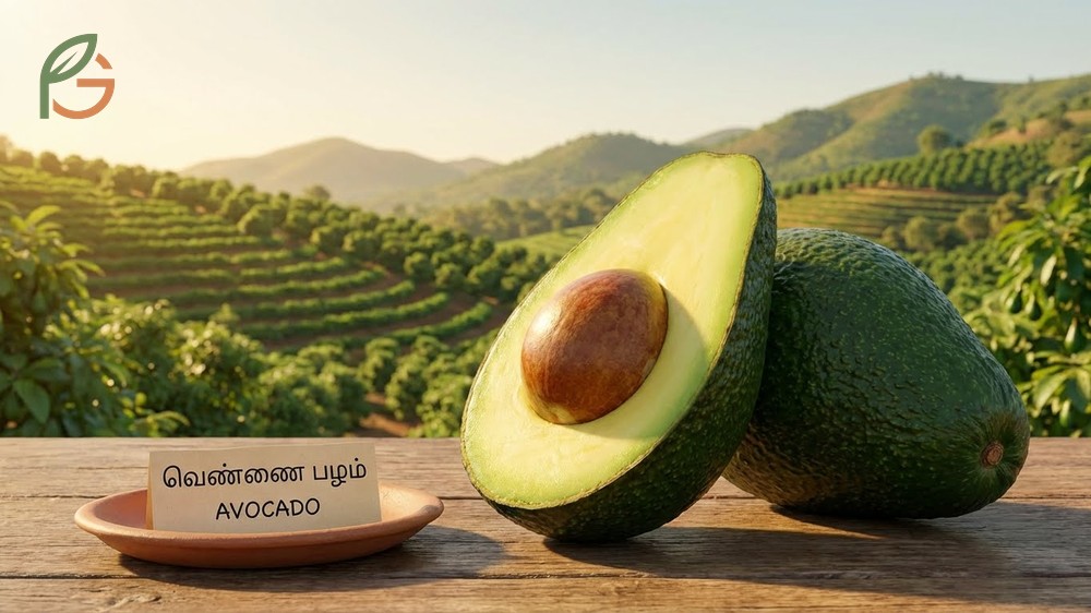 Avocado fruit in Tamil called Vennai Pazham growing in the hilly regions of Tamil Nadu like Kodaikanal.