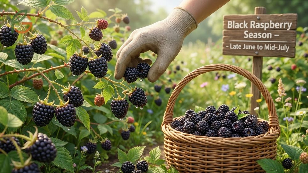 Black raspberry season timeline showing harvest windows from late June through mid July.