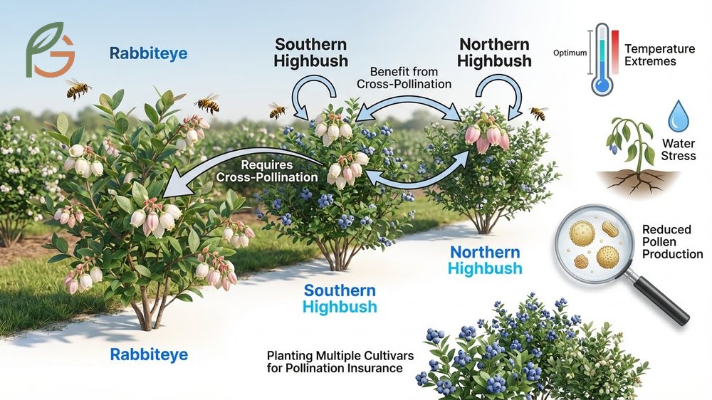 Honeybees actively buzz pollinating rabbiteye blueberry flowers which is required for successful fruit production.