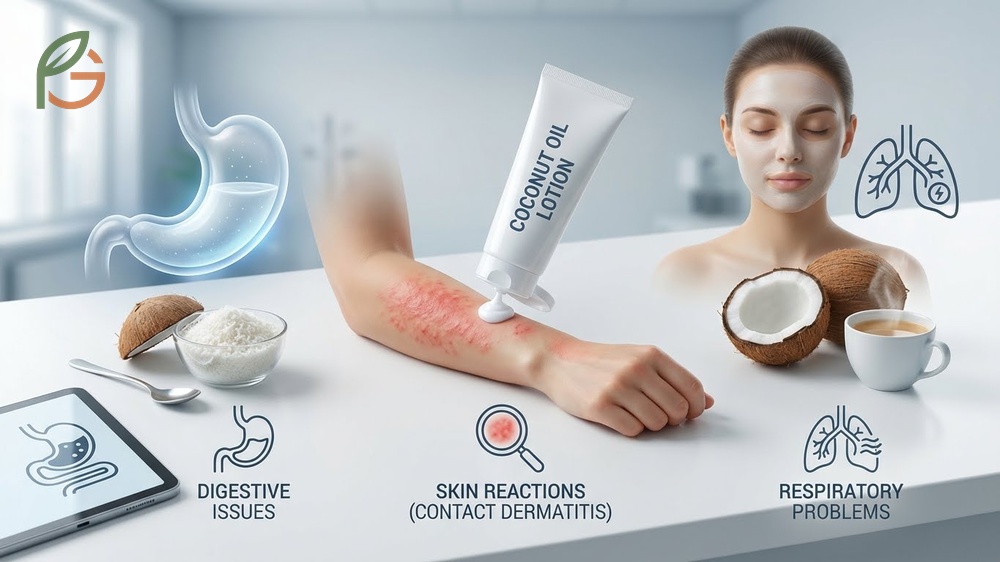 Coconut allergy symptoms overview describing common reactions like nausea and skin rashes after consumption.