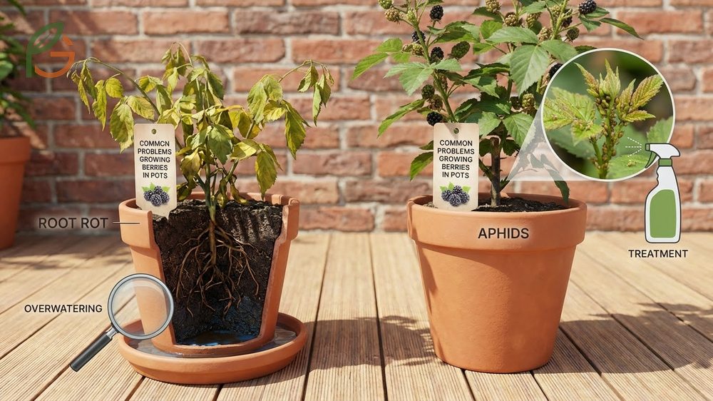 Common problems growing berries in pots include root rot from poor drainage and pests like aphids on new growth.