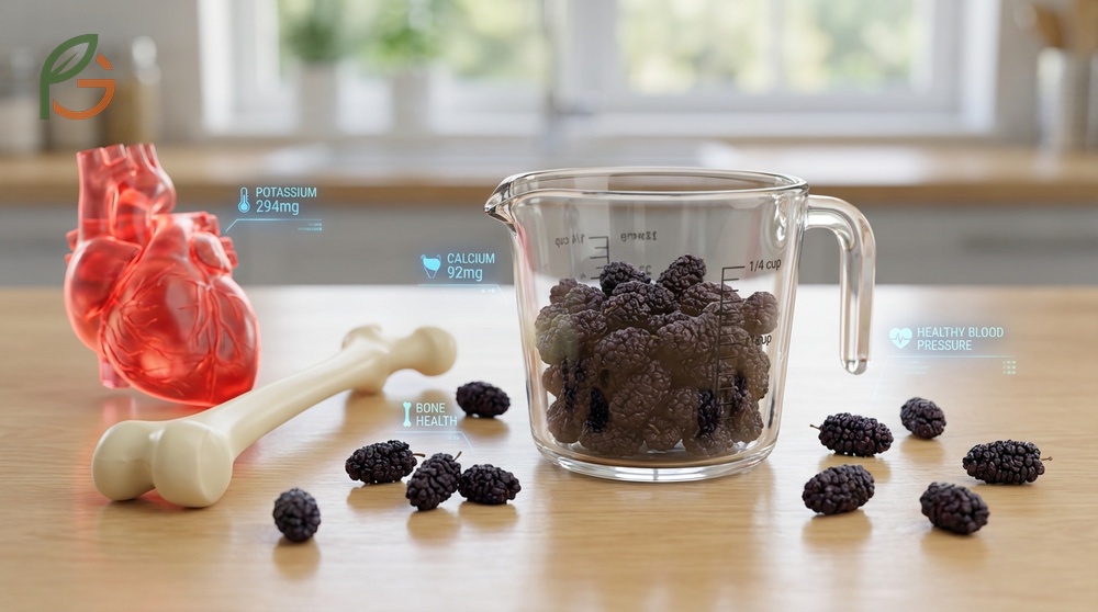 Dried mulberry nutrition facts showing 294mg potassium and 92mg calcium for heart and bone health.