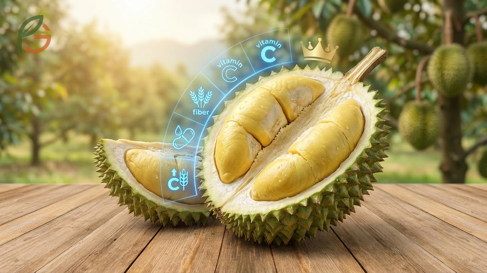 Durian nutritional facts highlighting 27g carbs, 5g fat, and essential vitamins per 100g serving size.