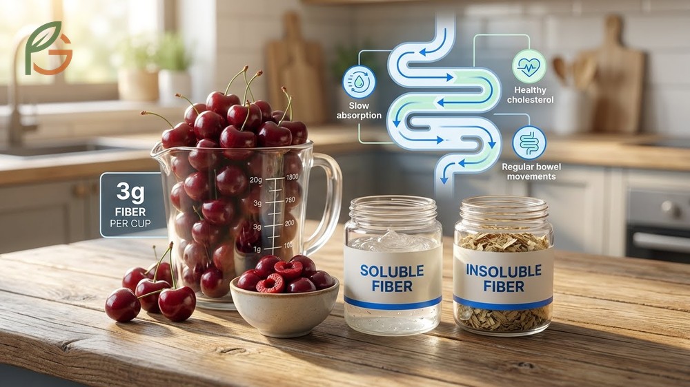 Do cherries have fiber questions are answered by the 3g of soluble and insoluble fiber found in every cup.