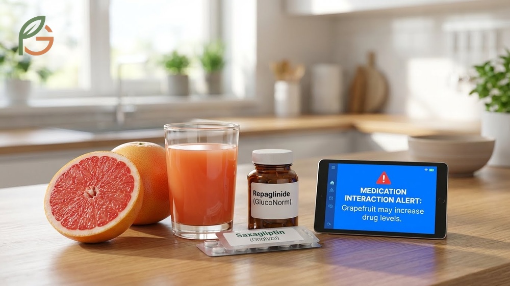 Compounds in grapefruit inhibit CYP3A4 enzymes and can interact with diabetes medications like repaglinide.