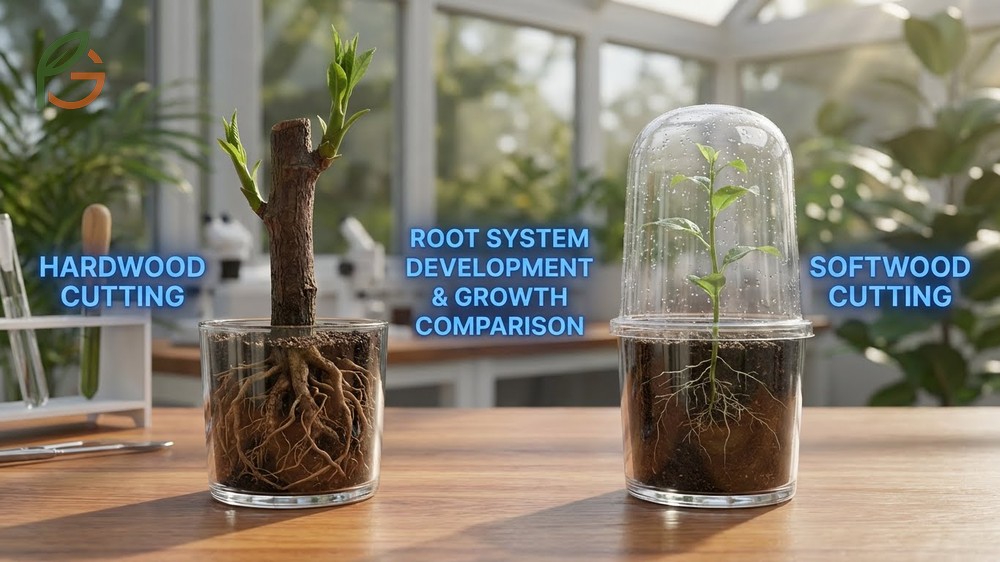Hardwood vs softwood cuttings comparison showing robust root development from dormant canes rich in stored carbohydrates.