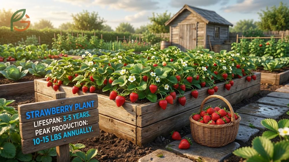 Mature strawberry bed illustrating the typical 3 to 5 year lifespan before replanting is necessary for optimal yields.