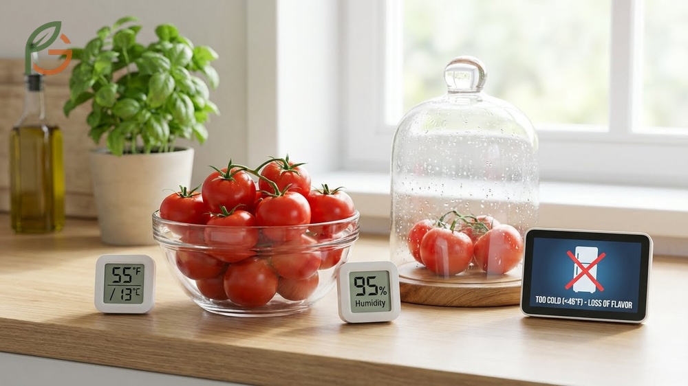How to store cherry tomatoes at room temperature to maintain optimal texture and flavor.