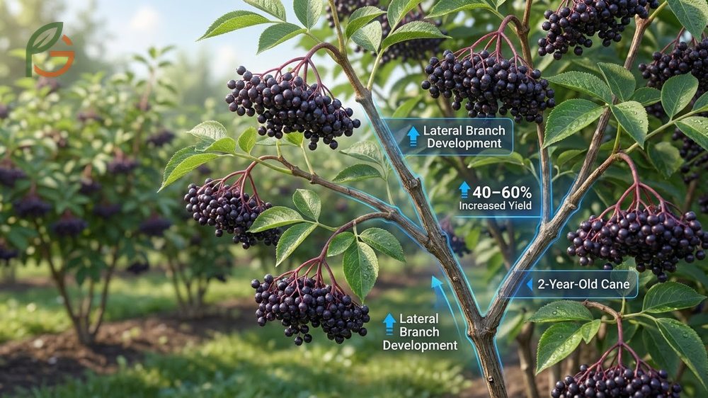 Increase elderberry yield by tipping young canes to encourage lateral branching where flower clusters develop.