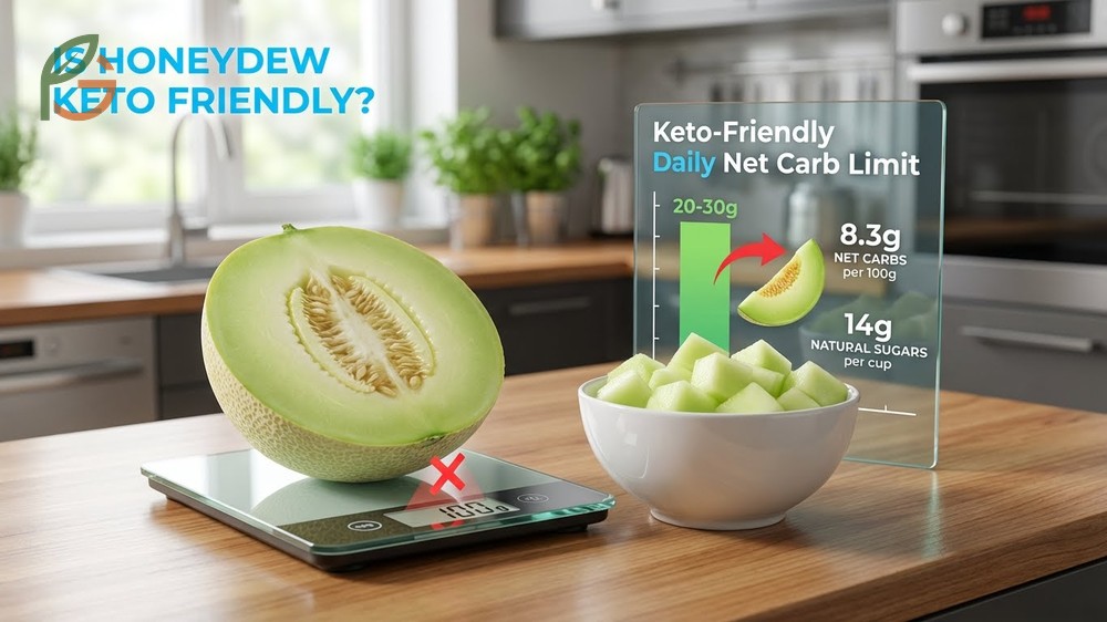 Is honeydew keto friendly analysis showing 8.3g net carbs per 100g serving size.