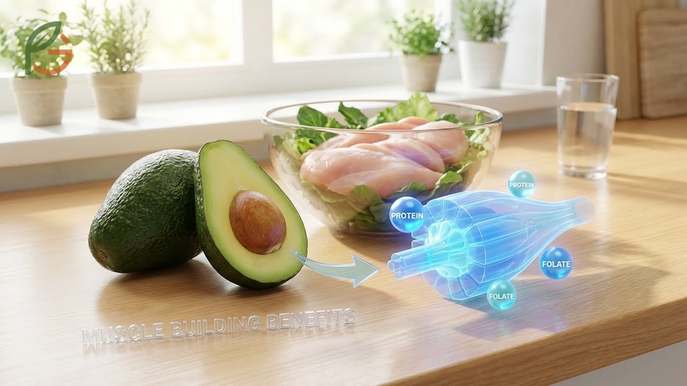 Muscle building benefits of avocados highlighted by rich folate content and potassium to support recovery.