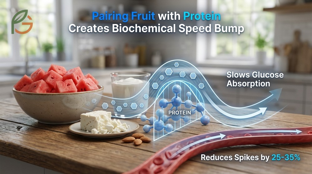 Pairing fruit with protein like 15g of Greek yogurt reduces post meal blood sugar spikes by 35 percent.