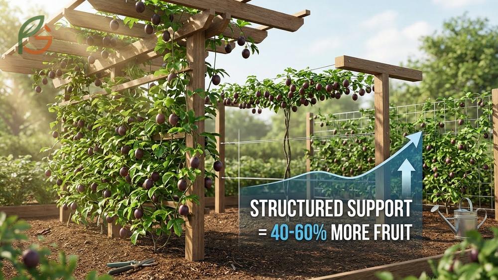 Passion fruit trellis ideas feature horizontal overhead designs supporting 150kg of fruit per 20 foot section.