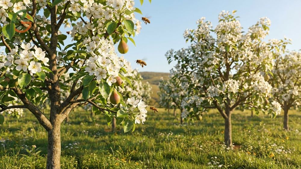 Pear pollination requirements including synchronized bloom timing and bee activity within 100 feet.