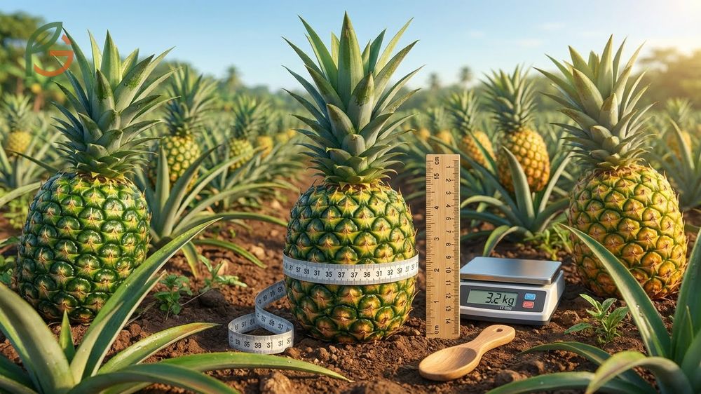 A mature pineapple showing golden yellow color at the base and flattened eyes ready for harvest.