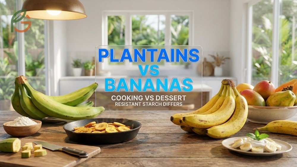 Plantains vs bananas visual guide distinguishing 12 inch plantains with thick angular skins from smaller dessert bananas.