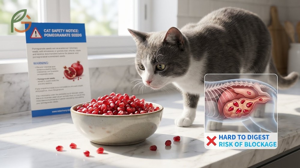 Can cats have pomegranate seeds explanation focusing on choking hazards and digestive blockages.