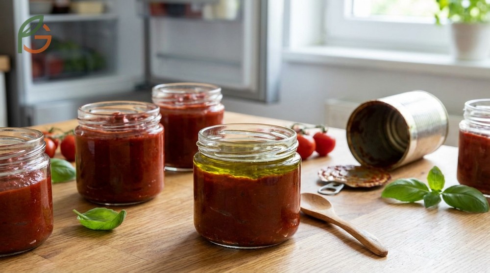 Preserving tomato paste by freezing in ice cube trays or covering with olive oil in glass jars.