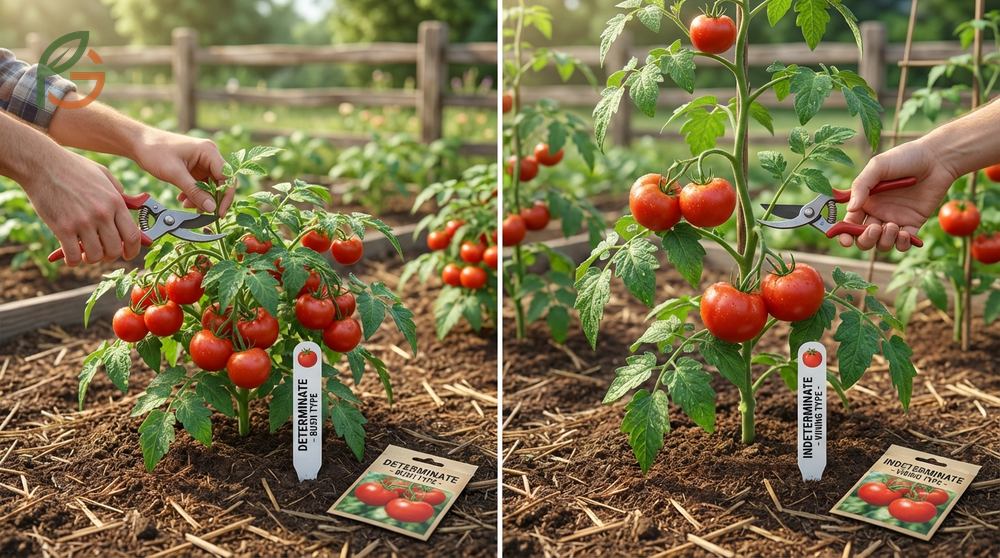 Pruning tomato plants based on determinate or indeterminate growth habits for better yield.