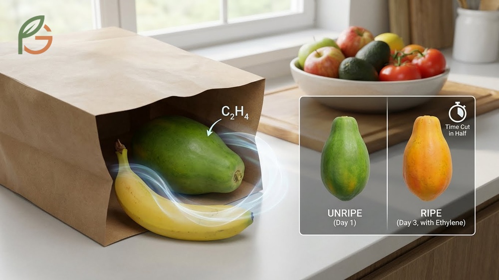 Ripen papaya quickly with ethylene by pairing it with bananas or apples to trigger flesh softening.