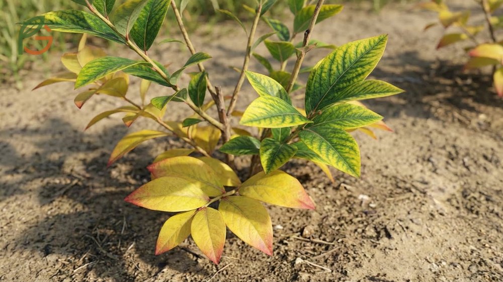 Signs of nutrient deficiency in blueberries identifying yellowing leaves and red edges caused by incorrect soil pH.
