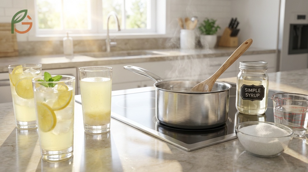 Simple syrup for lemonade made by dissolving equal parts sugar and warm water to prevent gritty texture in the drink.