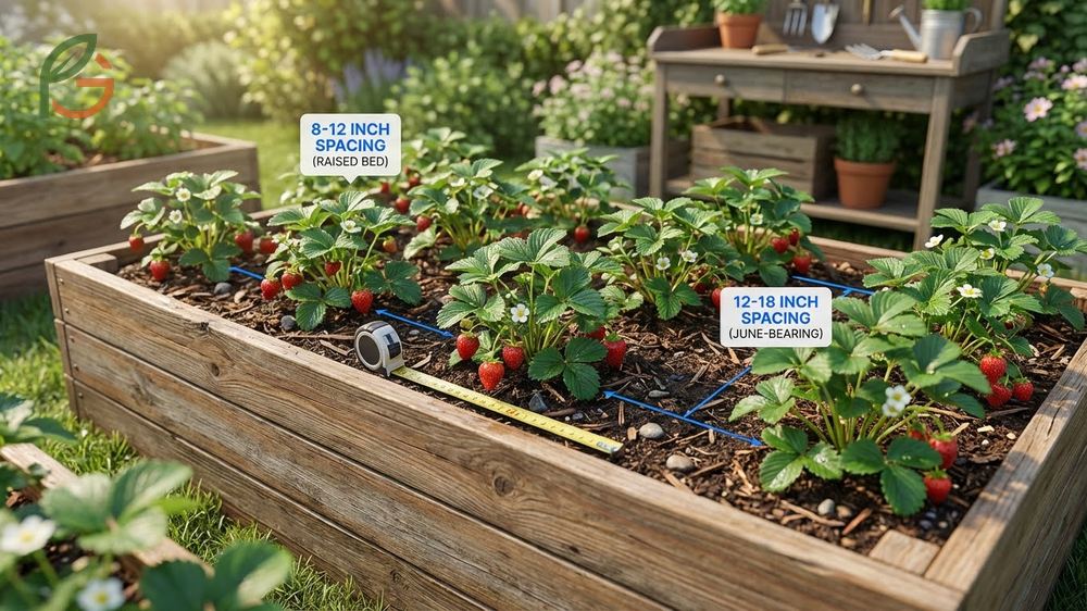 Spacing for strawberry plants in raised beds ranges from eight to twelve inches apart in a staggered row pattern.