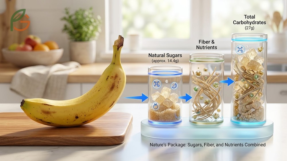 Sugar content in banana breakdown revealing 14 grams of natural sugars paired with fiber for slower absorption compared to processed sweets.