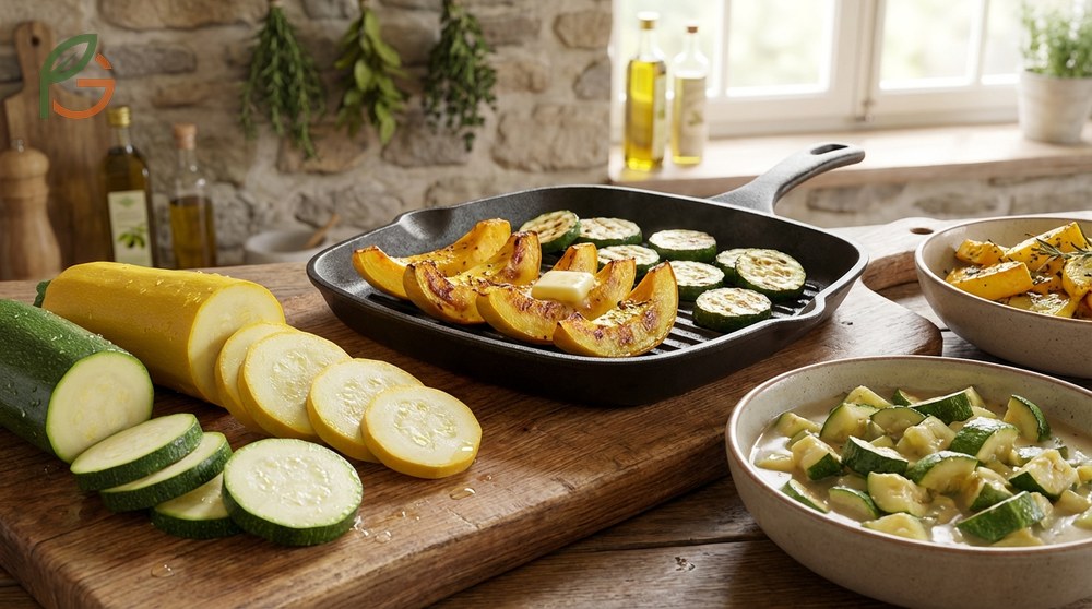 Taste texture differences between neutral zucchini and sweeter yellow squash suitable for roasting.