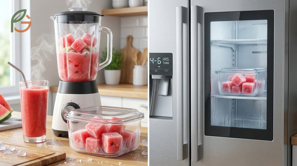 Thawing frozen watermelon in the refrigerator takes 4 to 6 hours while counter thawing takes 1 to 2 hours.