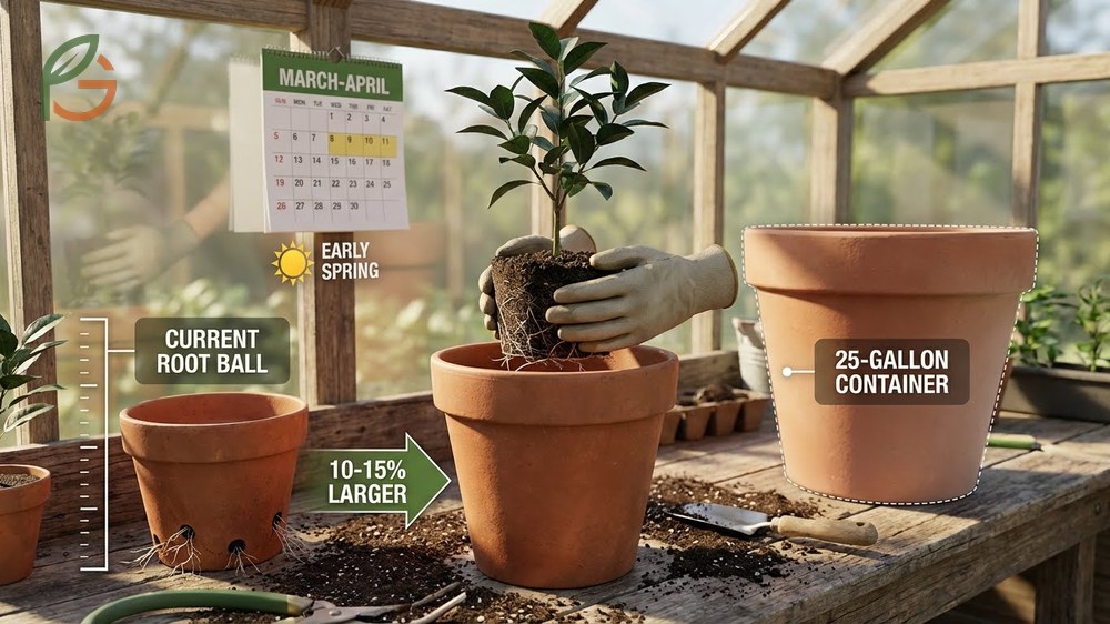Transplanting orange seedlings into containers 10 to 15 percent larger minimizes shock and supports expanding root systems.