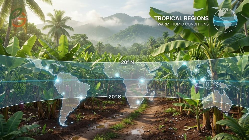 Where do bananas grow details tropical climates with temperatures above 26 degrees Celsius for optimal fruit production.