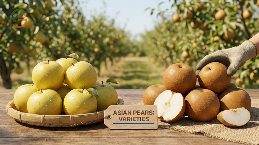 Types of Asian pears displaying yellow green and russeted brown varieties.