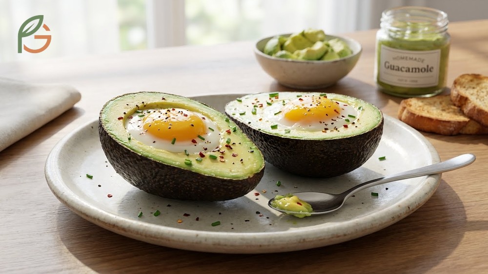 Avocado egg boats customized with crumbled sausage or diced tomatoes for a healthy breakfast option.