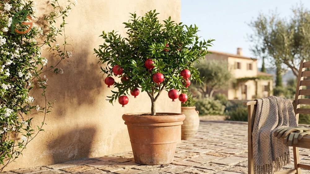 Growing pomegranate in pots succeeds best with dwarf varieties like Nana that produce fruit within two years.