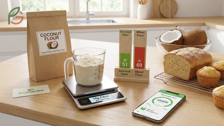 Coconut flour benefits guide highlighting 10g of fiber per serving and low glycemic index for healthy gluten free baking.